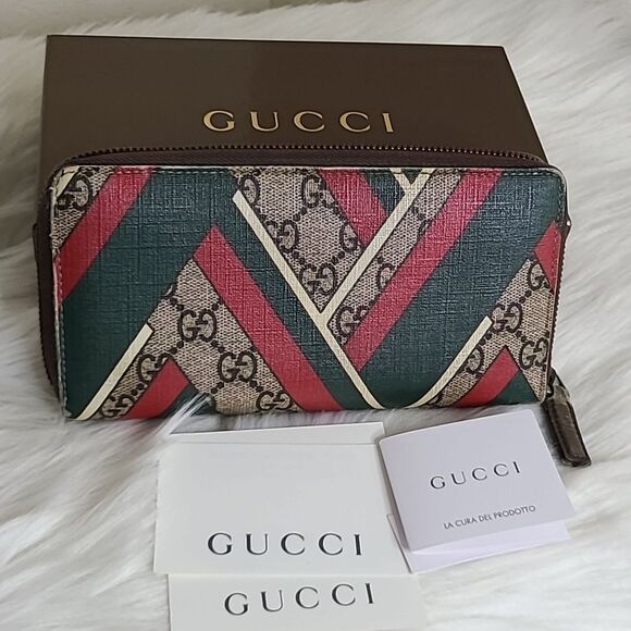 💯Authentic Gucci Round Zip Long Wallet GG Chevron Beige Green Red🍀 - Picture 1 of 16